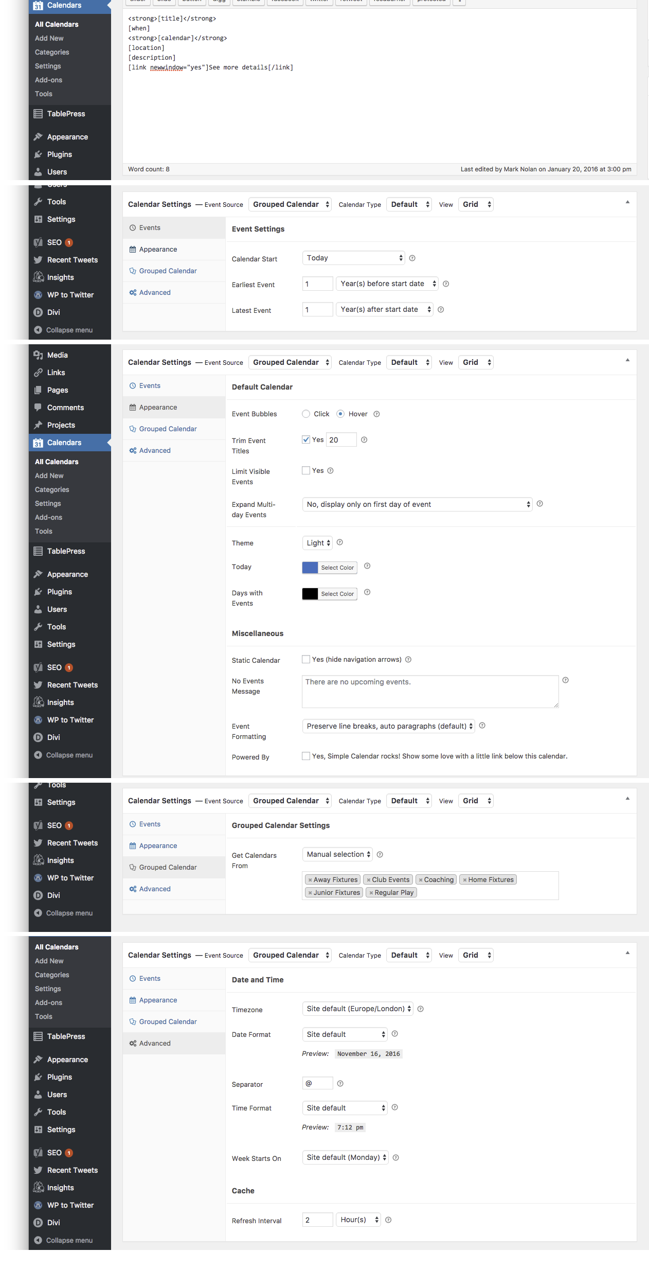 Grouped Calendar Settings